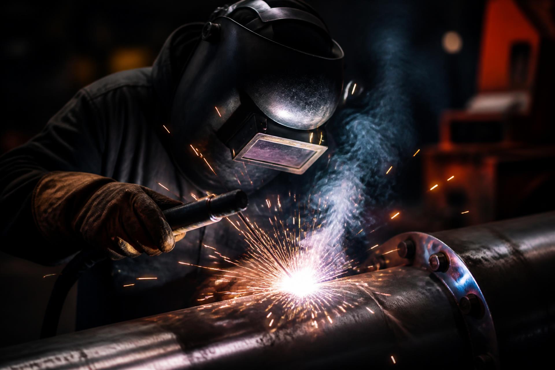Certified welder working on industrial pipe with sparks flying